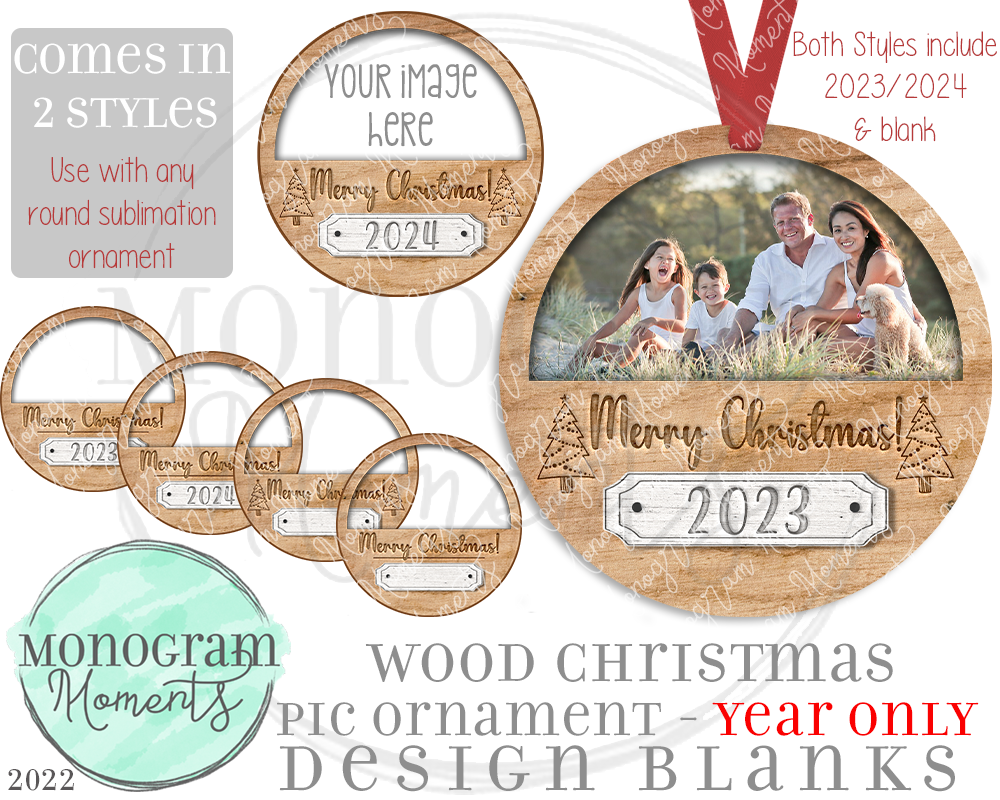 Wood Christmas Picture Ornaments - Year Only