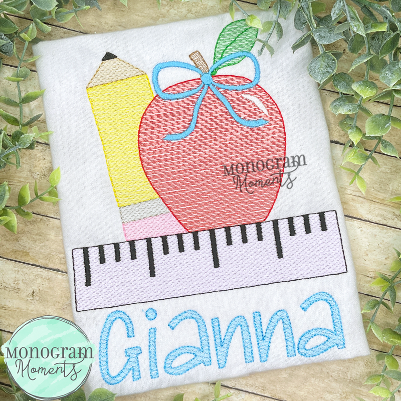 Girl's Pencil, Apple, & Ruler - SKETCH EMBROIDERY – Monogram Moments