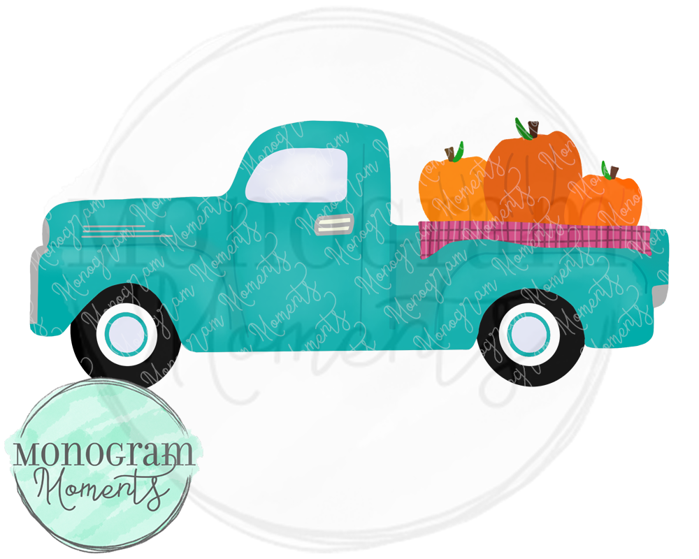 Girl's Aqua Old Timey Truck with Pumpkins