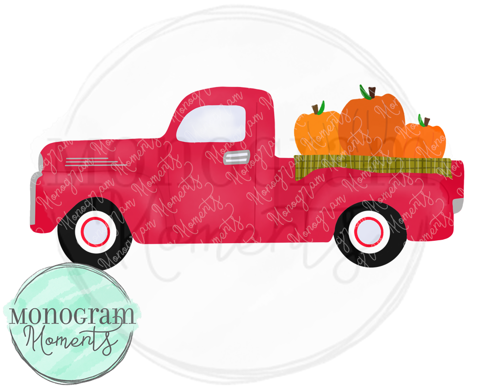 Red Old Timey Truck with Pumpkins