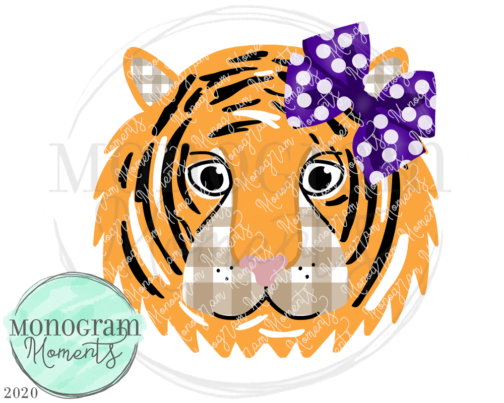 Plaid Tiger Face - Purple Bow