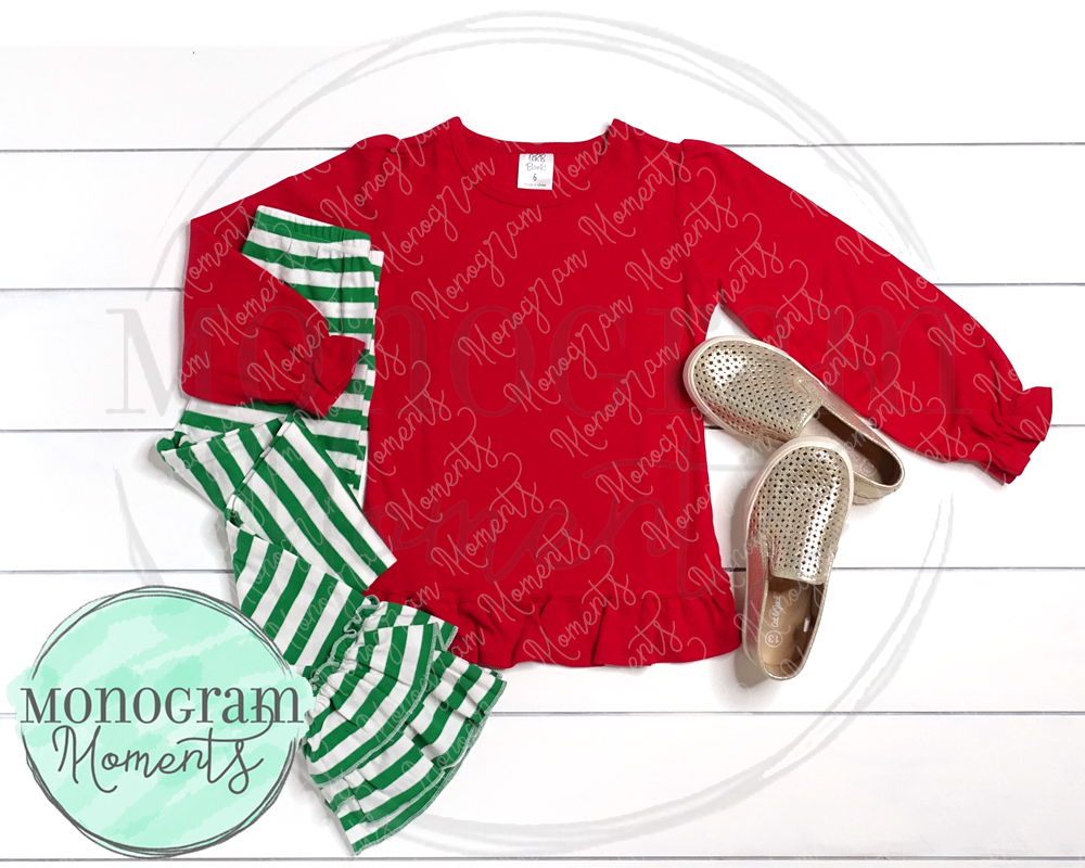 Girl's Red LS & Green Striped Ruffle Pants - ARB Blanks