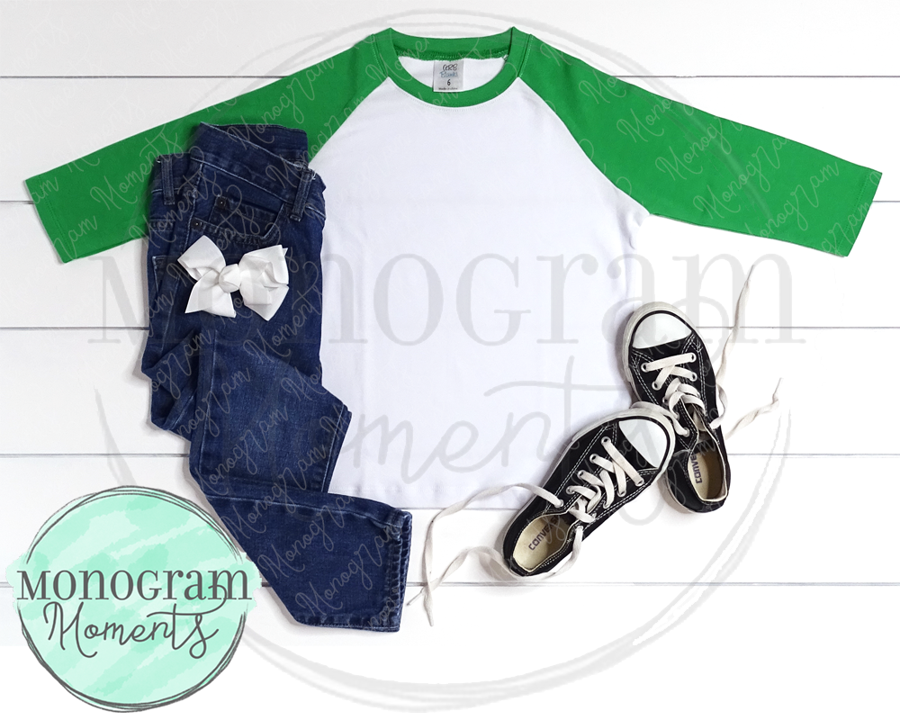 Girl's Green Raglan, White Bow & Jeans - ARB Blanks