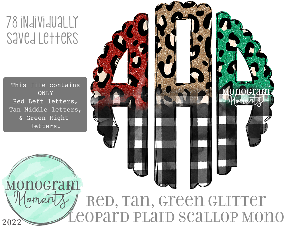 Red, Tan, Green Glitter Leopard Plaid Scallop Mono
